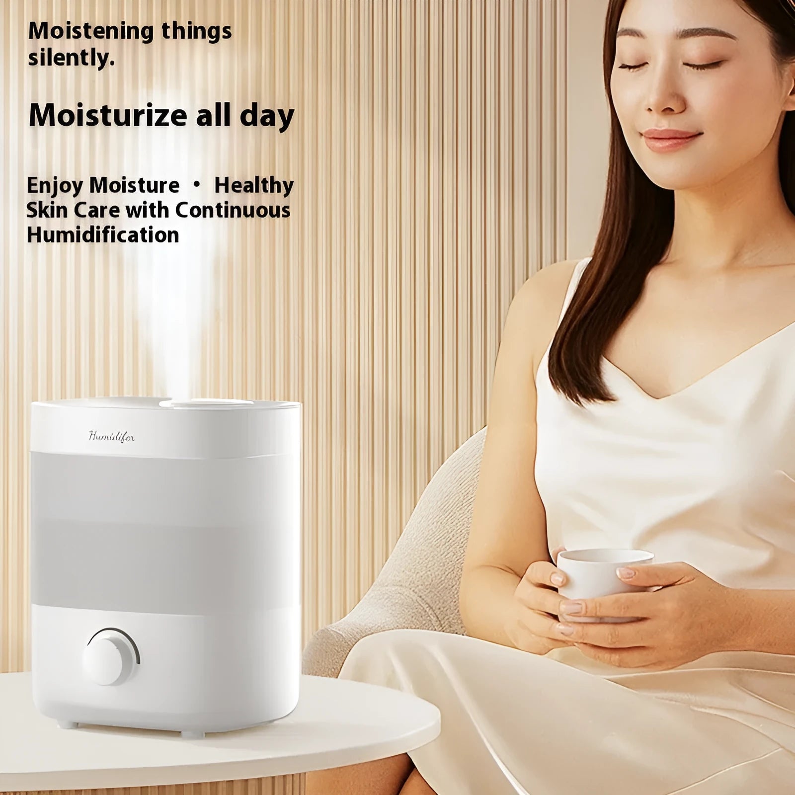 2L white plastic USB humidifier with dual spouts and night light on a desk