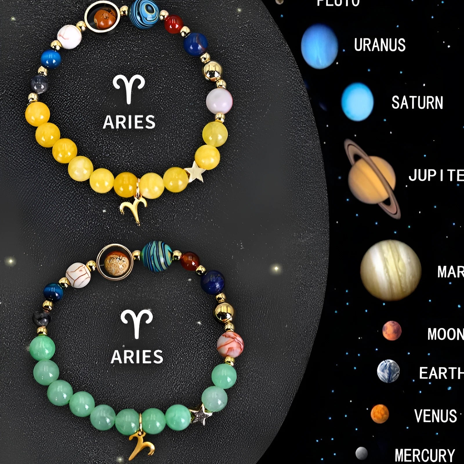 Two natural stone beaded bracelets for zodiac signs on a neutral background.