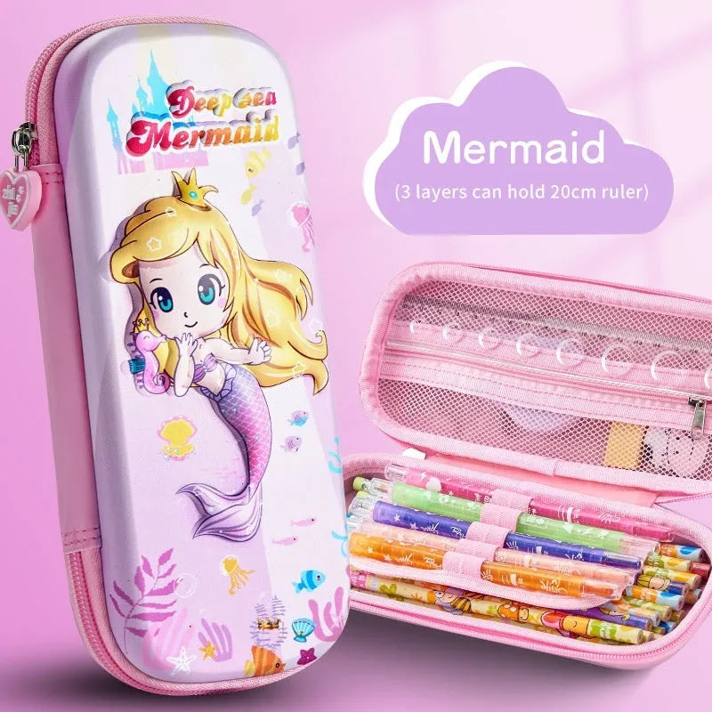 3D leather pencil case with embossed holographic character design showing textured surface detail