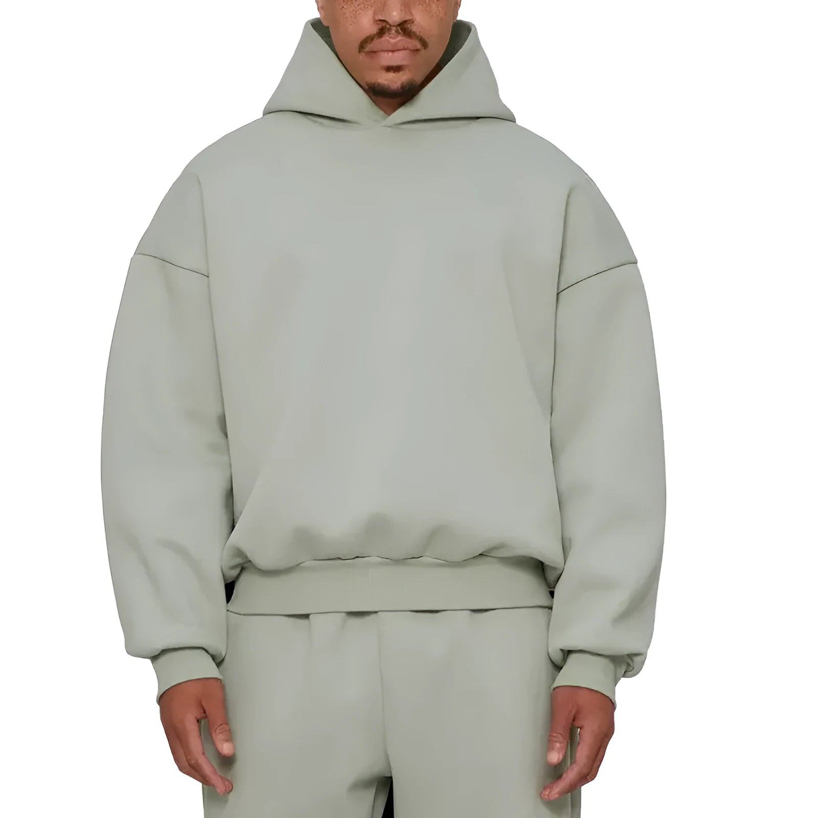 A man's grey fleece-lined cotton pullover hoodie on a hanger.