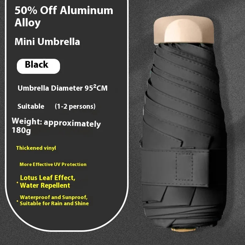 Compact five-fold sun umbrella with a gradient vinyl-laminated canopy and an alloy frame.