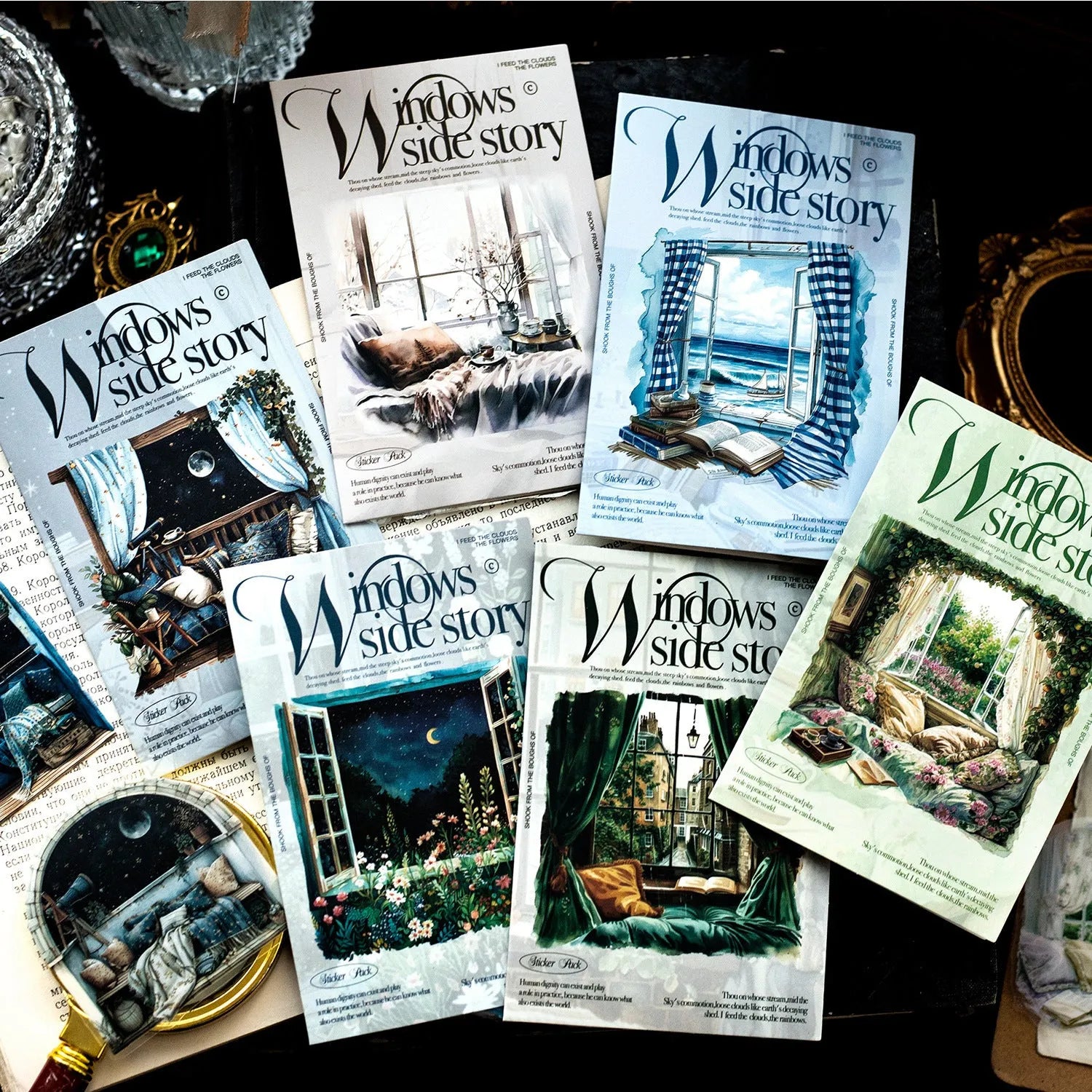 Set of six retro-themed window scene decorative stickers for journals, including seaside and garden designs.