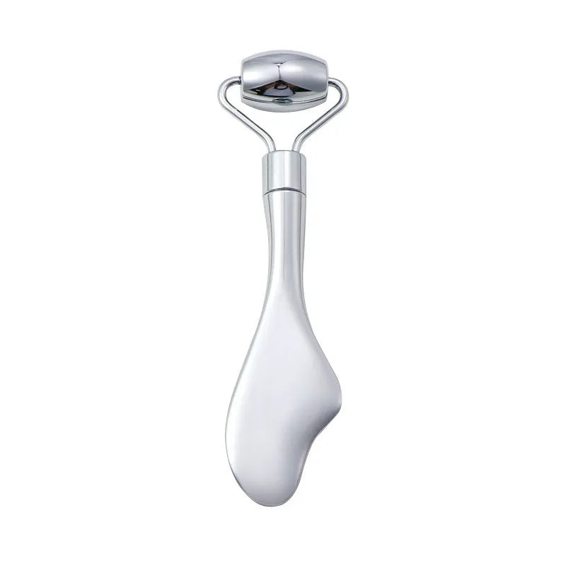 Stainless steel facial massage board with double head roller and heart-shaped eye poking stick for acupressure therapy