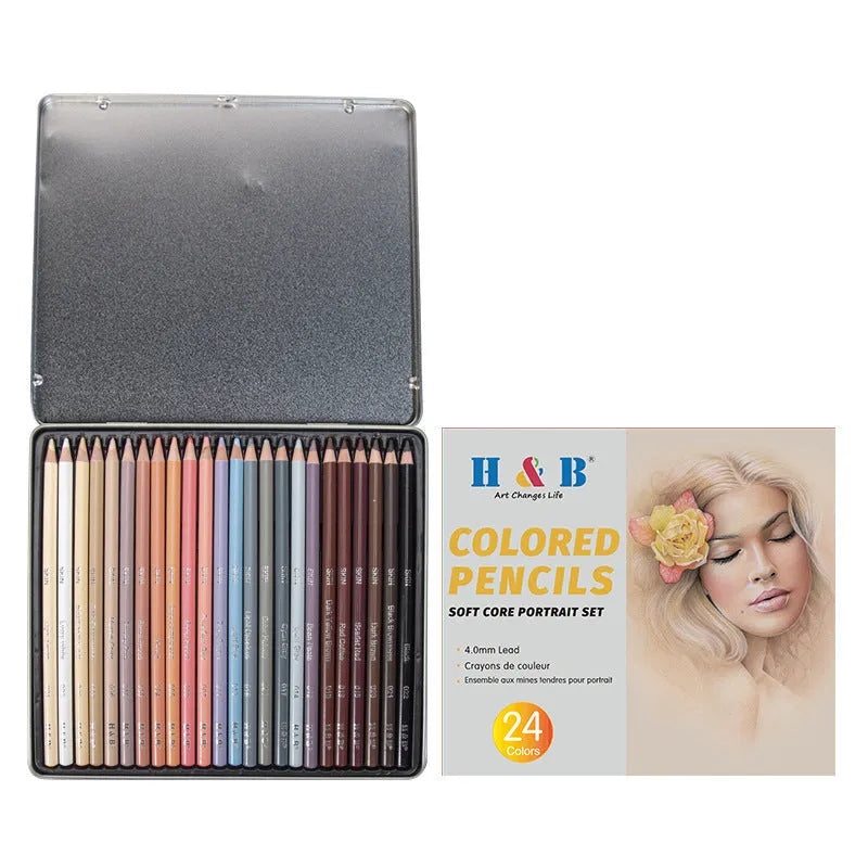 Set of 24 skin tone colour pencils in a round iron art case for portrait drawing.