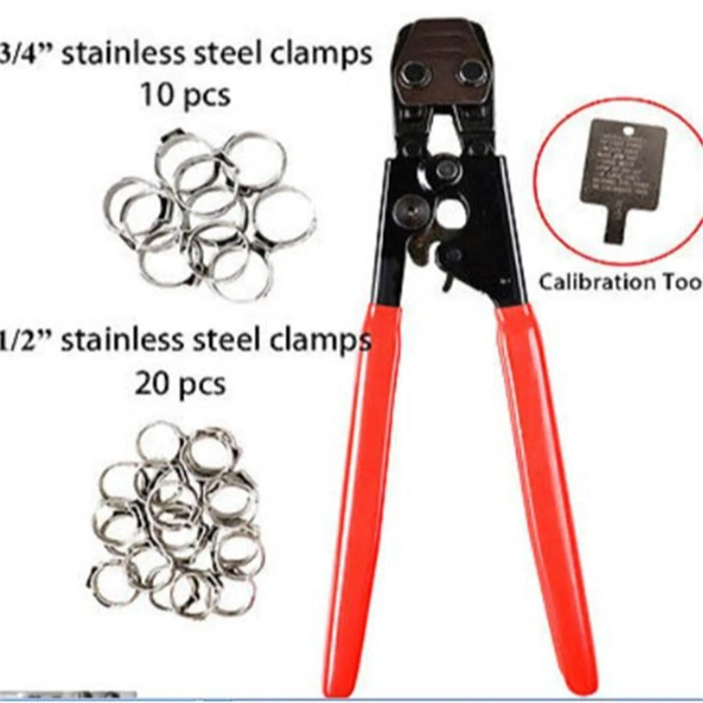 Red cloth PEX single ear clamp set with metal construction and carbon steel cutting edge