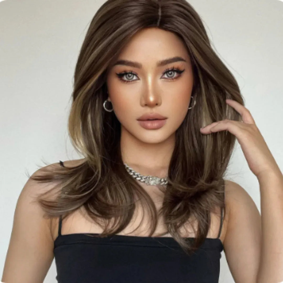 Mid-length curly synthetic wig with long bangs in gradient white gold, wine red, and brown colours