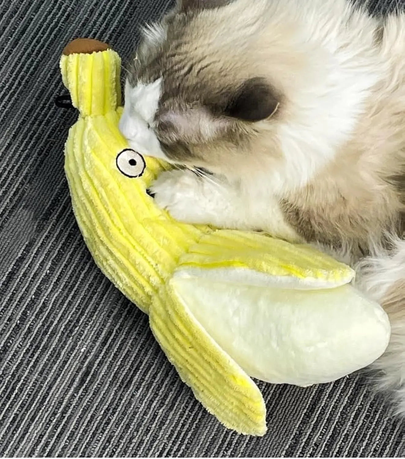 Yellow banana cat toy with crinkle sound measuring 13 inches long