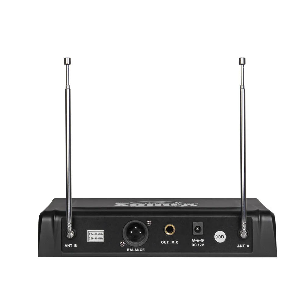 V-3002 wireless microphone system with two black handheld microphones and transmitter unit