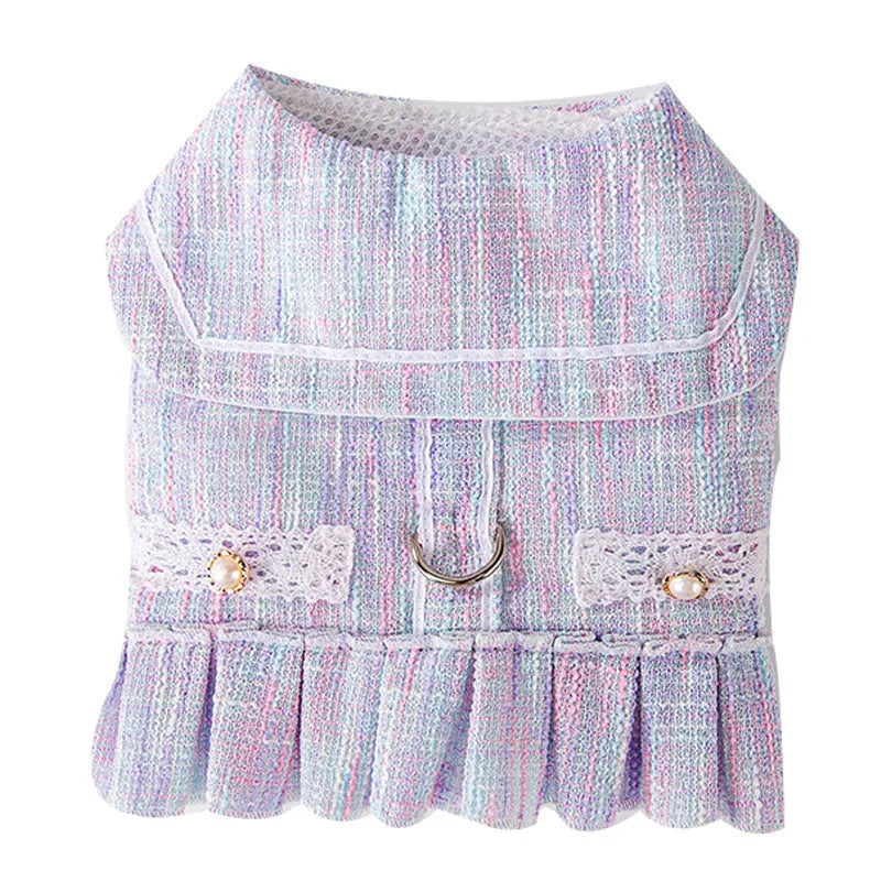Purple and pink lightweight polyester pet clothes for small dogs and cats in sizes S, M, L, and XL.