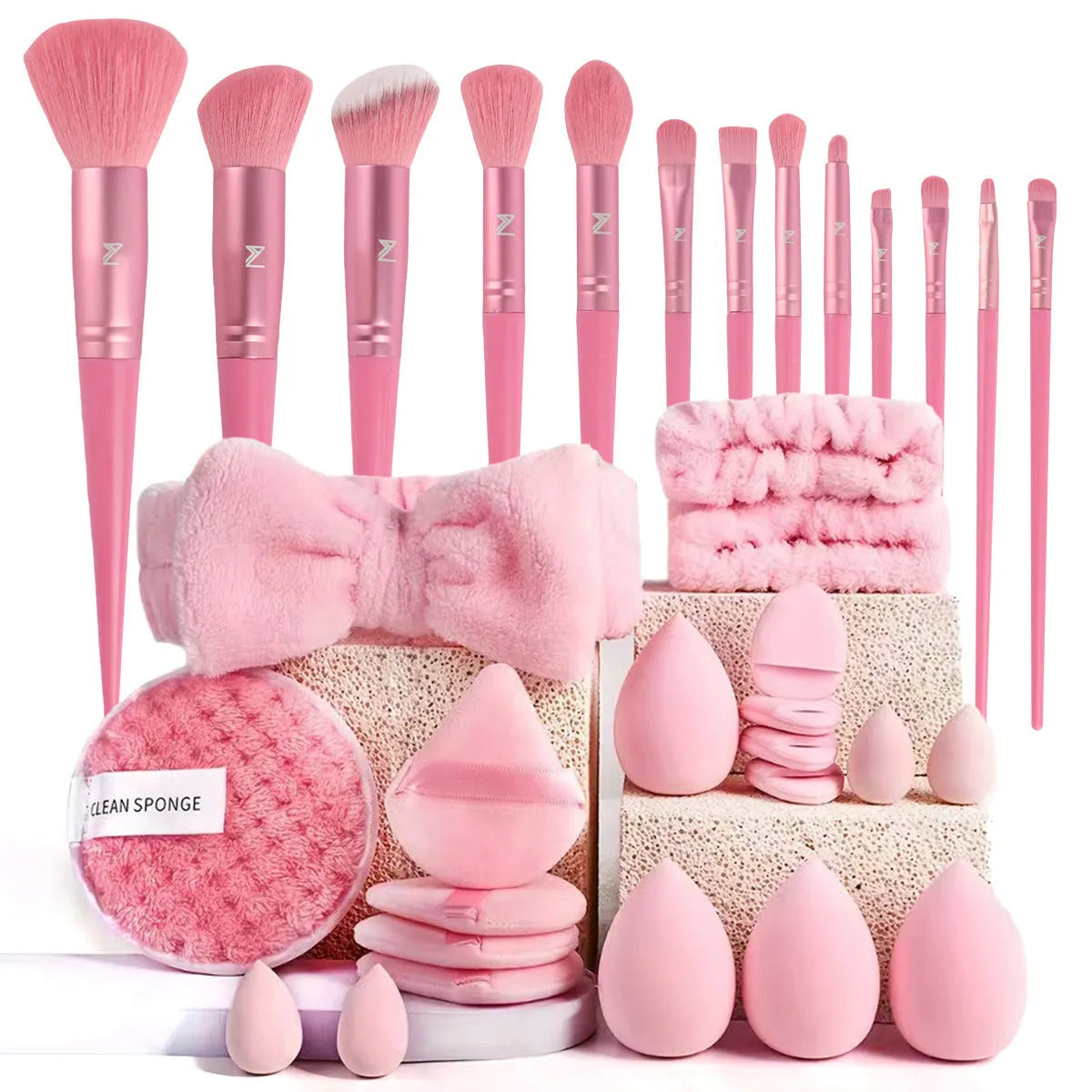 Beauty tool set with hydrophilic non-latex sponges in brown, pink and purple colour options