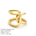 Adjustable stainless steel ring for women with a knotted geometric U-shape design in gold or silver tone.
