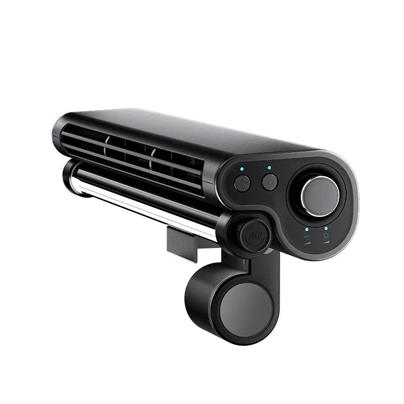 Black bladeless USB fan clipped to laptop screen with integrated lighting lamp showing brushless motor design