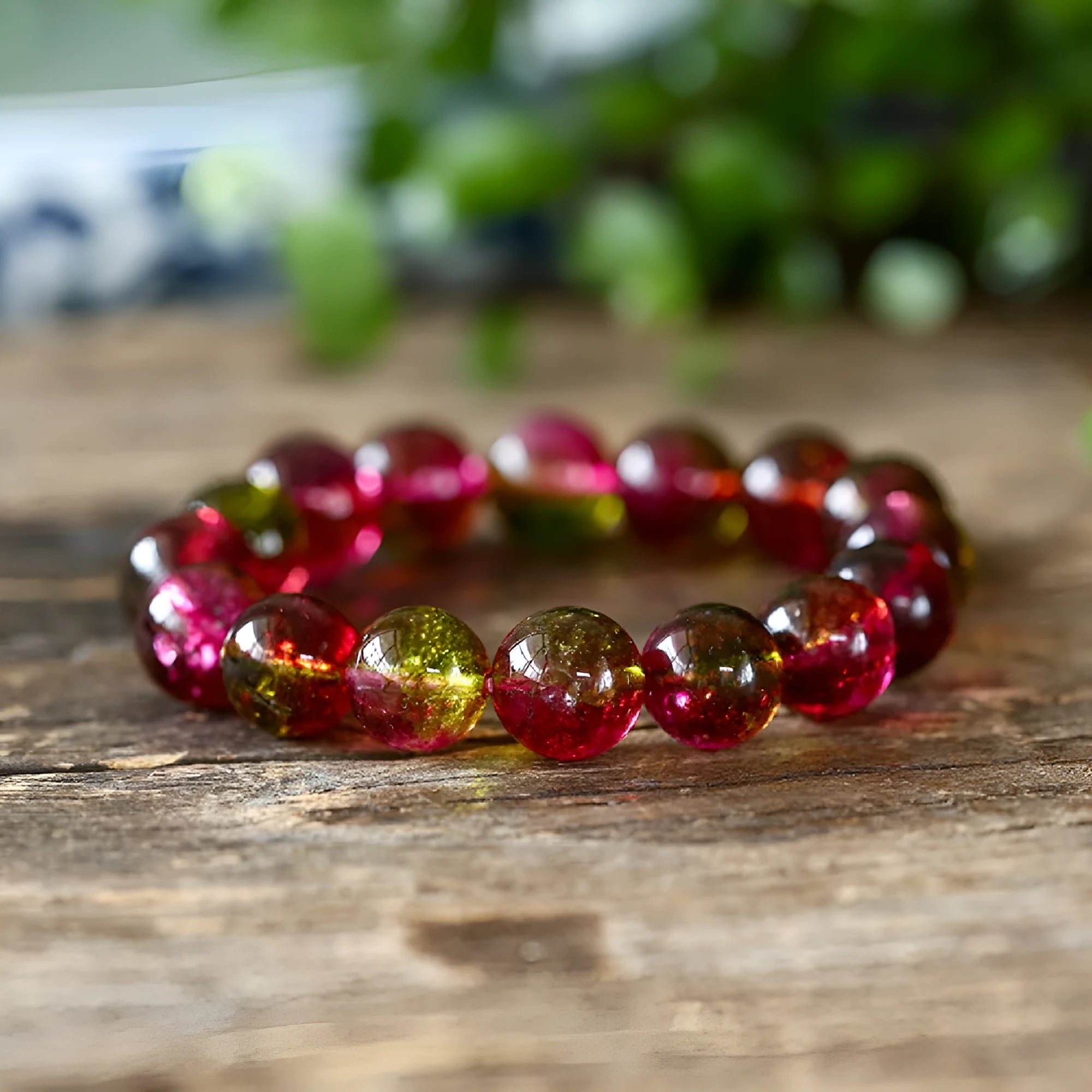 Handcrafted watermelon crystal bracelet for women showing different bead size options.