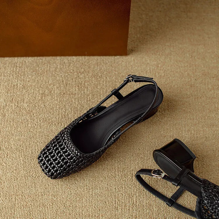 Women's beige woven sandals with a closed square toe, chunky block heel, and an adjustable buckle strap across the foot.