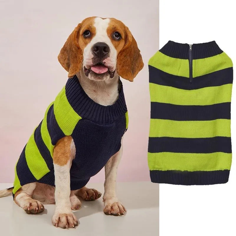 Grey dog sweater with blue horizontal zipper and button pocket on small breed dog