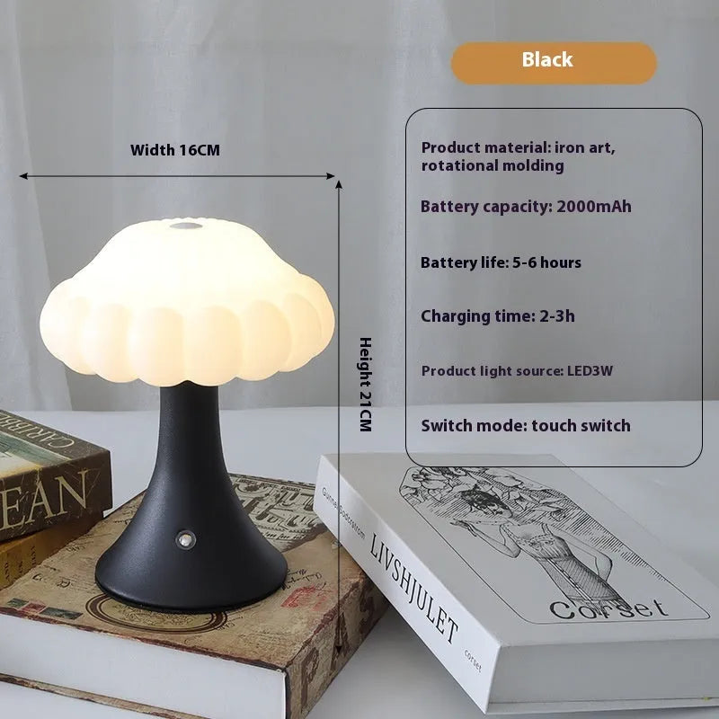 Mushroom-shaped touch control night lamp in wood grain colour on a wooden table.