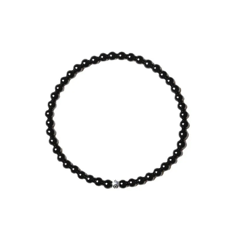 Unisex geometric agate bracelet with 4mm electroplated beads in obsidian black and blue san colours