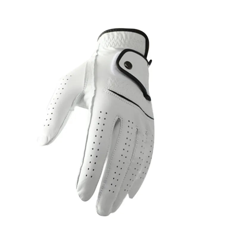 Men's white half sheepskin golf glove showing non-slip palm and breathable back.
