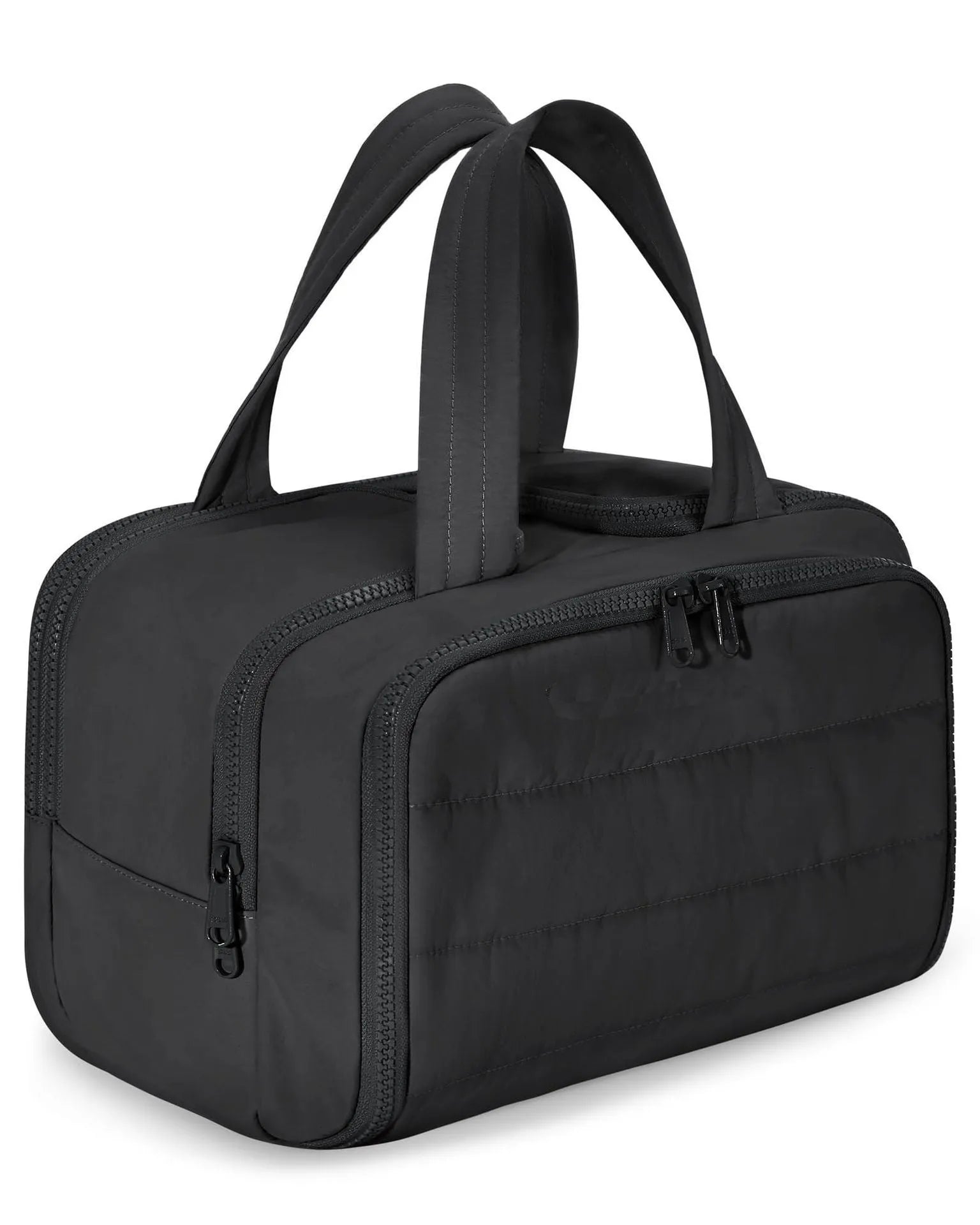 Large fluffy travel toiletry bag in beige colour with wide open design showing interior