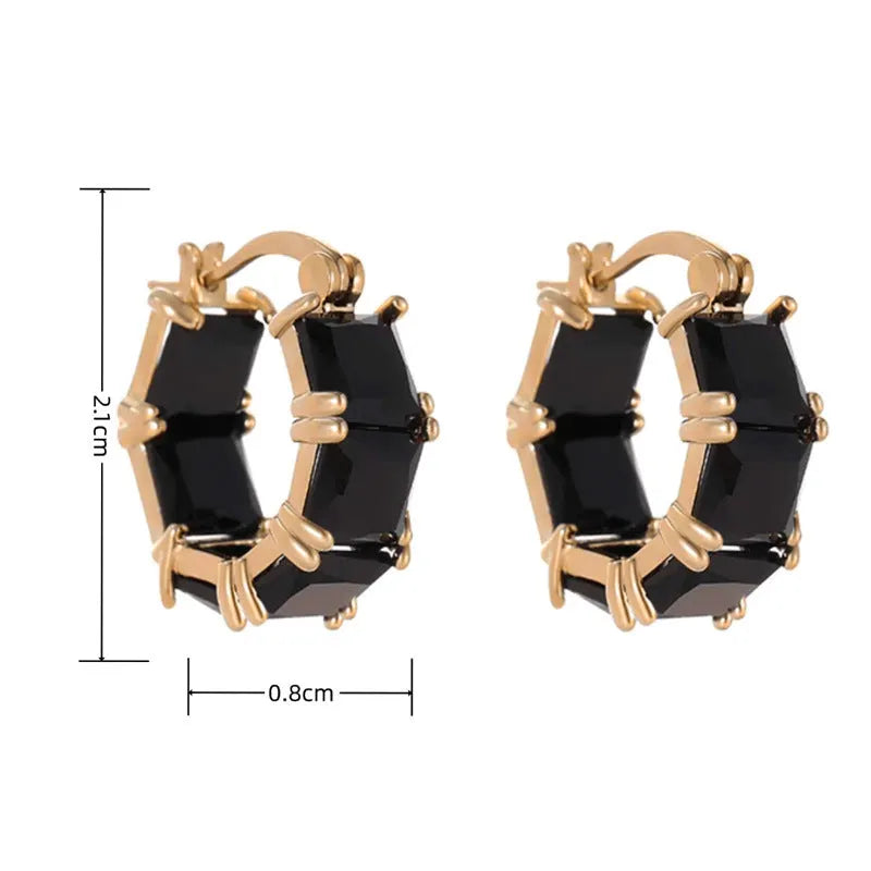 Geometric U-shaped gold electroplated copper ear rings with round black zircon settings