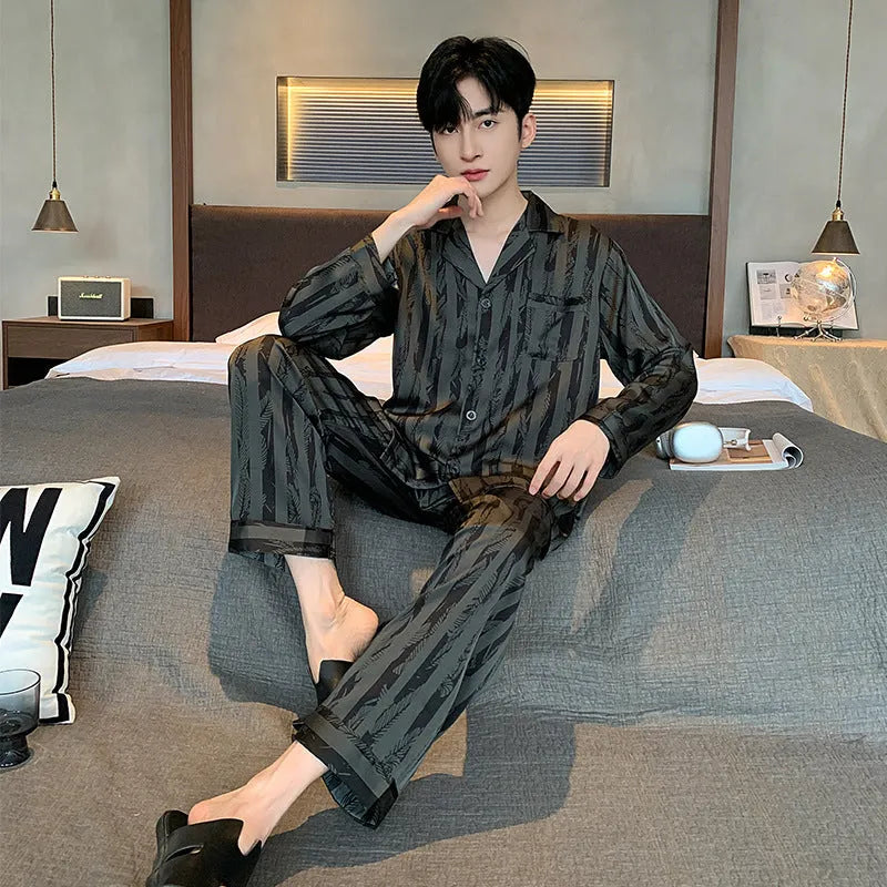 Men's black stripes ice silk pajama set with V-neck top and trousers