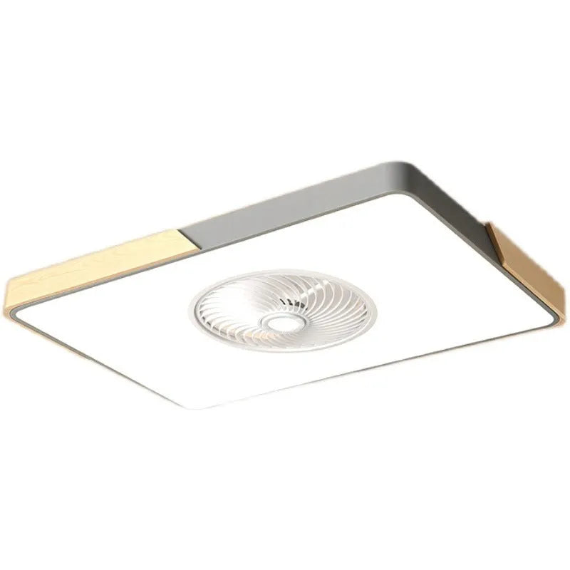 Nordic ceiling fan light with solid wood frame shown in rectangular, round, and square shape options.