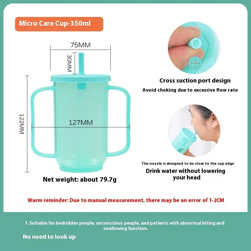 Oblique mouth choke-proof plastic drinking cup with handle and optional wrist splint for elderly adults.