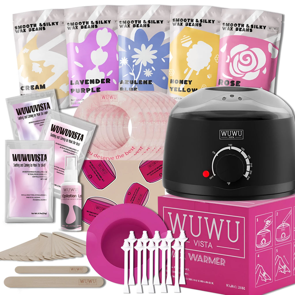 Professional 52-piece waxing kit with wax warmer, five natural wax beans, tools, and post-care products