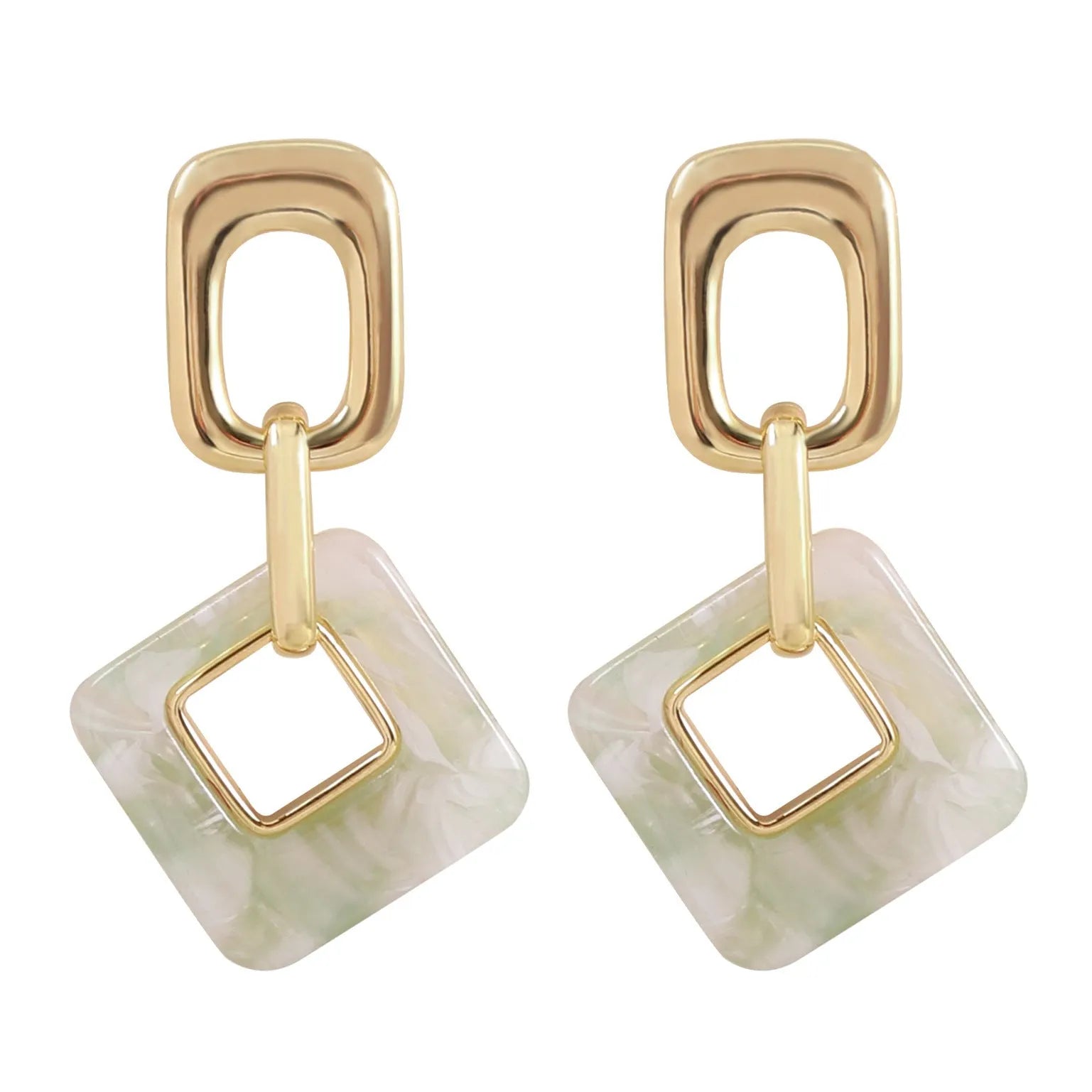 Hollow geometric square earrings with chamfered corners in metallic finish