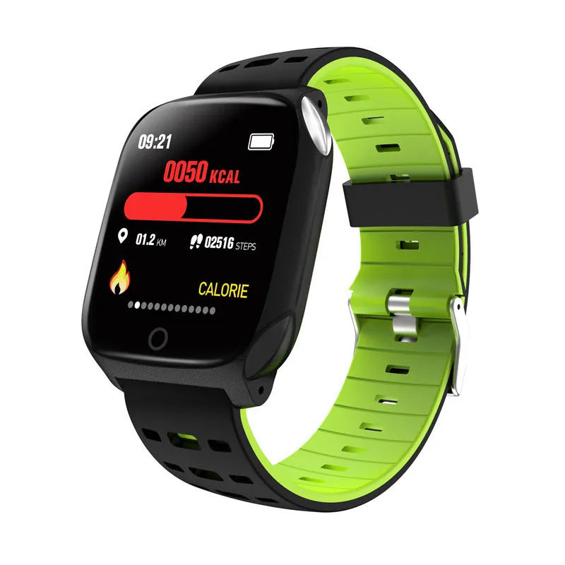 F16 Smart Watch with ECG monitor on a black green silicone wristband, showing touch screen display.