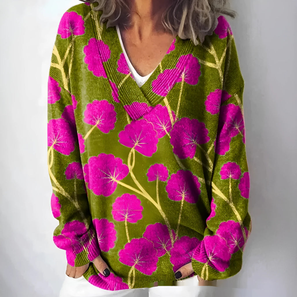 Women's floral pattern printed V-neck sweatshirt with 3D effect and long sleeves