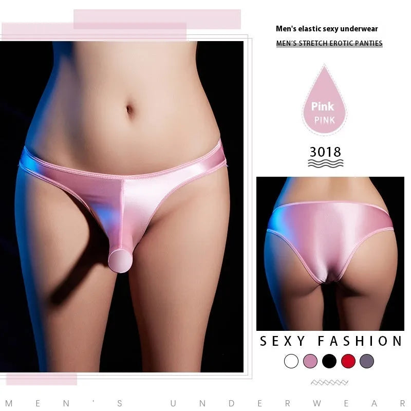 Men's low waist T-back underwear in shiny nylon fabric showing colour options