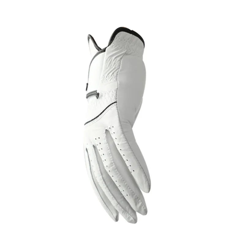 Men's white half sheepskin golf glove showing non-slip palm and breathable back.