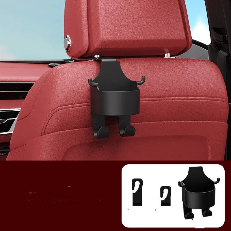Black plastic car seat back hook and cup holder organiser measuring 8.5 by 7.1 by 14.4 centimetres