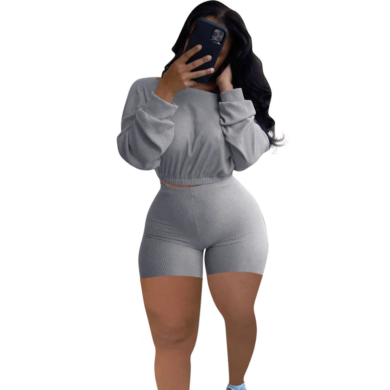 Ladies' solid colour off-the-shoulder long sleeve top and shorts two-piece set