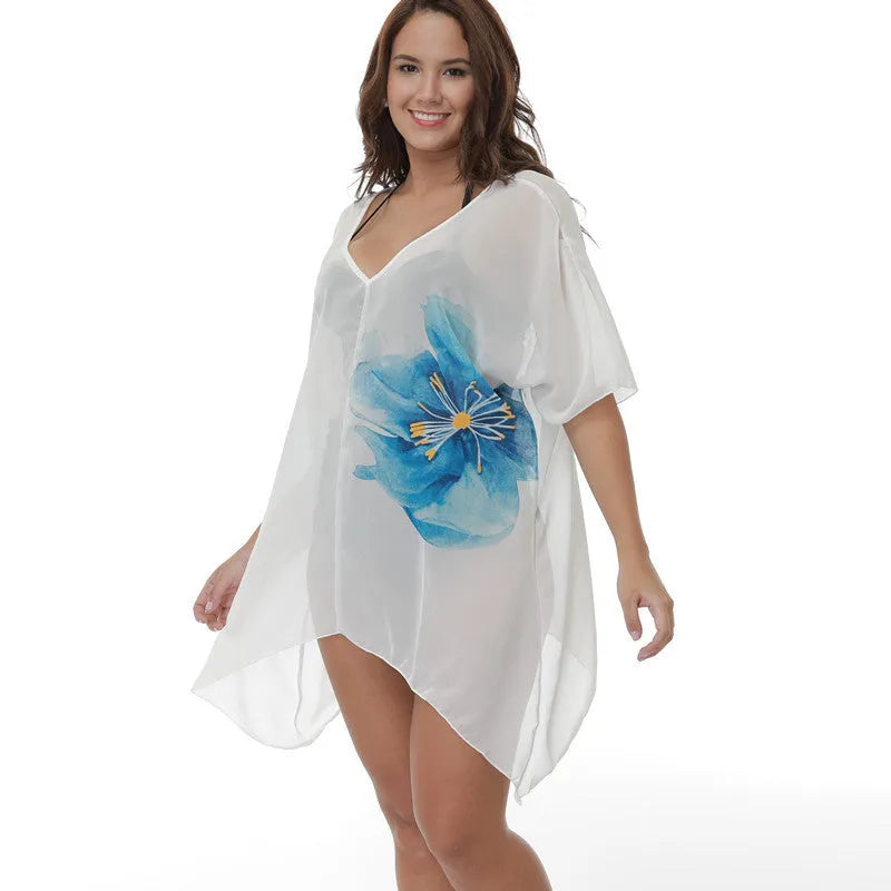 White plus size beach cover-up blouse with long sleeves for swimming sun protection