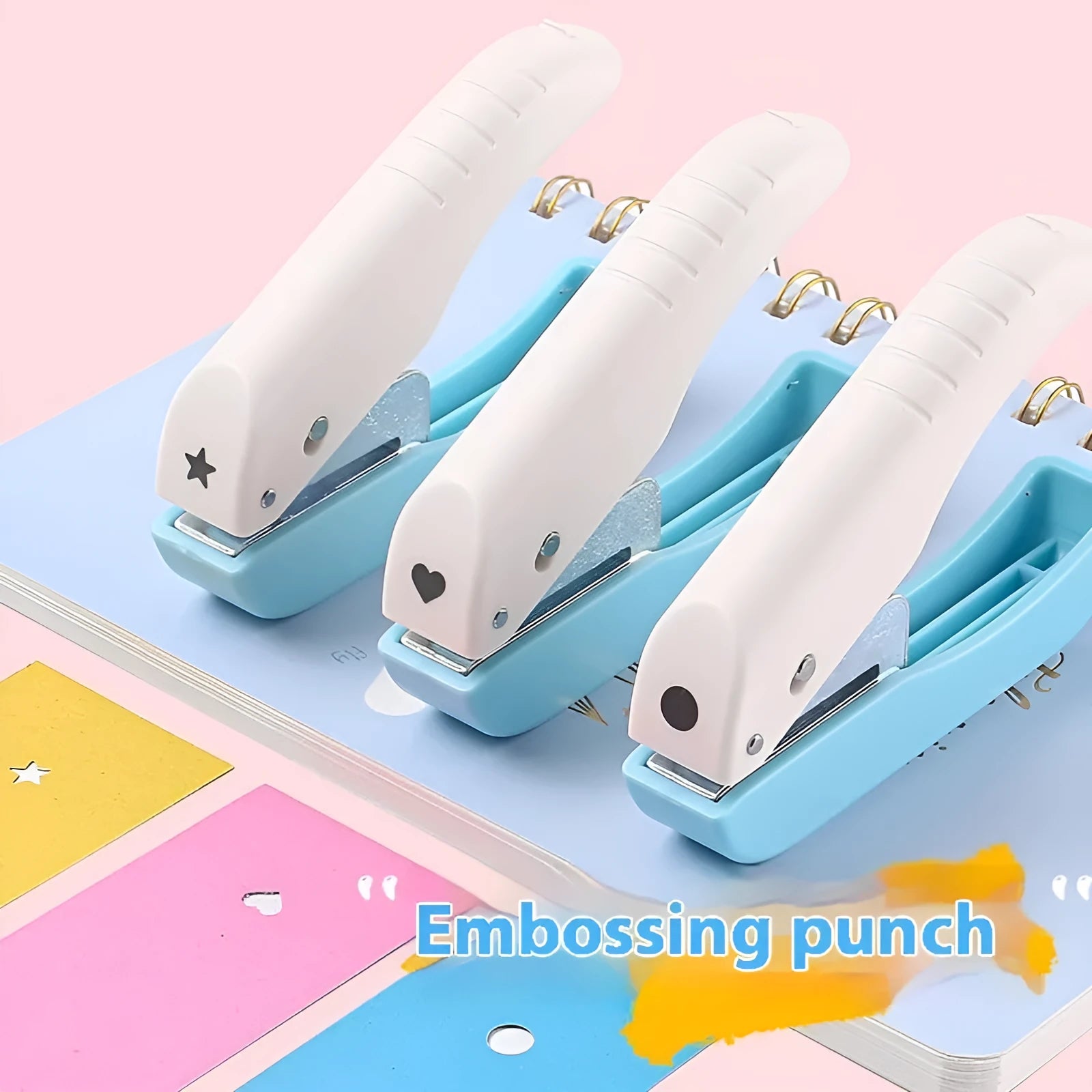 Manual craft punching machine with love heart, star, and round pattern heads for embossing.