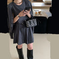 Women's grey knitted two-piece set with vest skirt, long-sleeved cardigan, belt, and 3D pattern detail