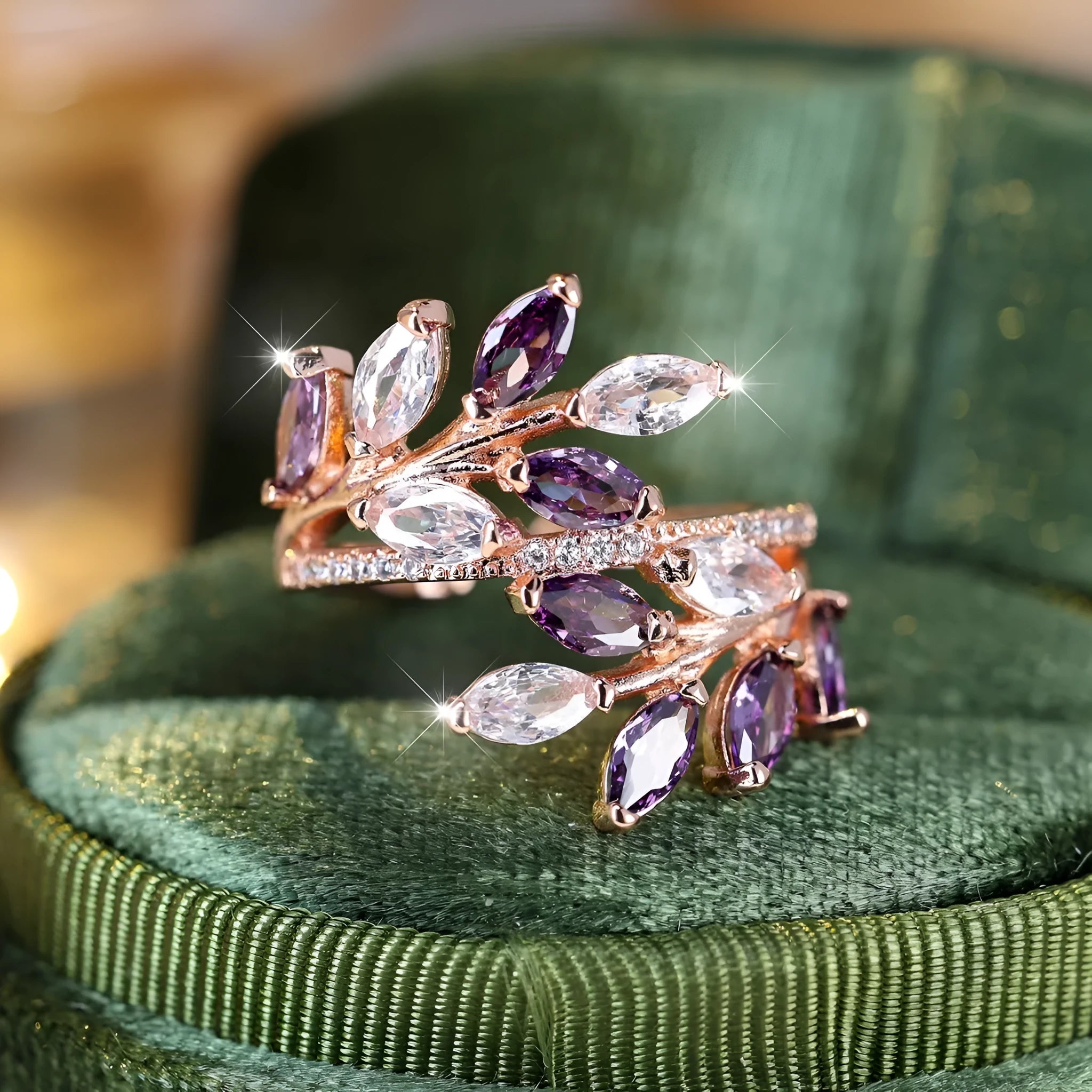 Adjustable copper leaf ring with zircon finishes in multiple colour options