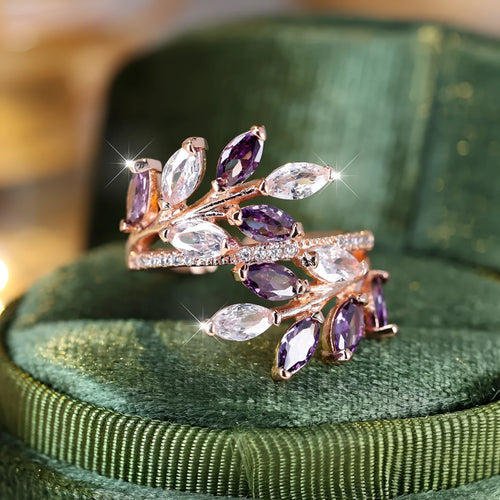 Adjustable copper leaf ring with zircon finishes in multiple colour options