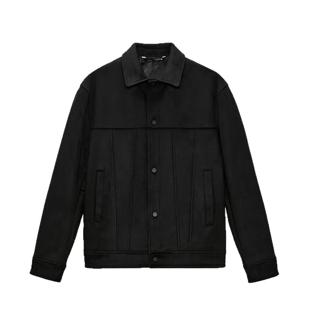 Black men's hooded jacket with suede collar, cotton blend fabric, and side seam pockets