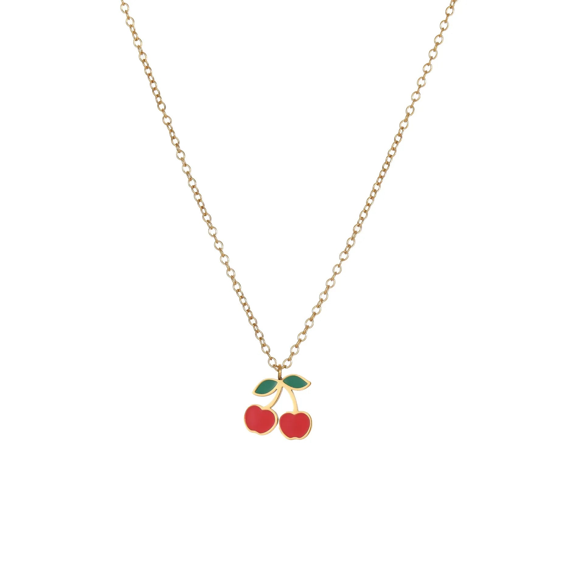 Cherry shaped jewellery set with necklace, bracelet, earrings, and ring in gold-plated stainless steel