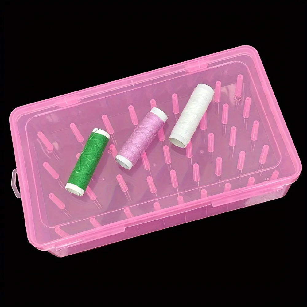 Transparent plastic sewing storage box with 42 removable compartments for organising threads and needles.