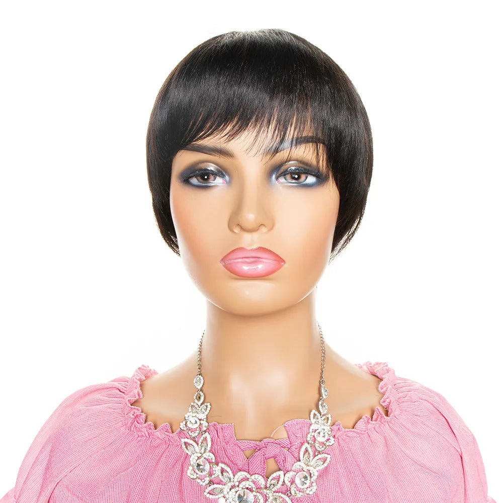 Short pixie cut human hair wig with bangs in black for women