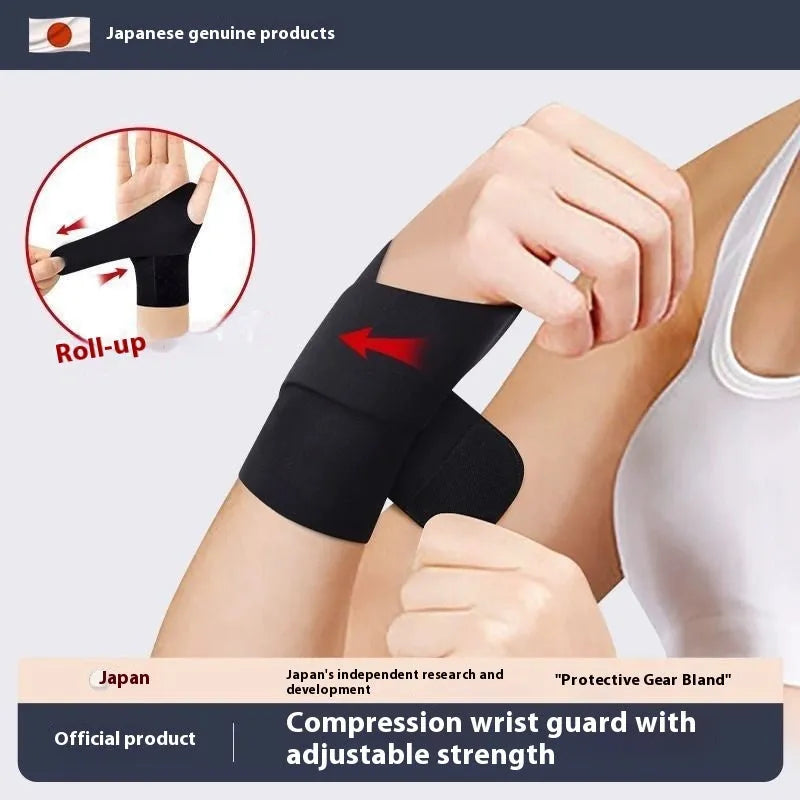 Black adjustable athletic wristguard for wrist support during sports like badminton and tennis.