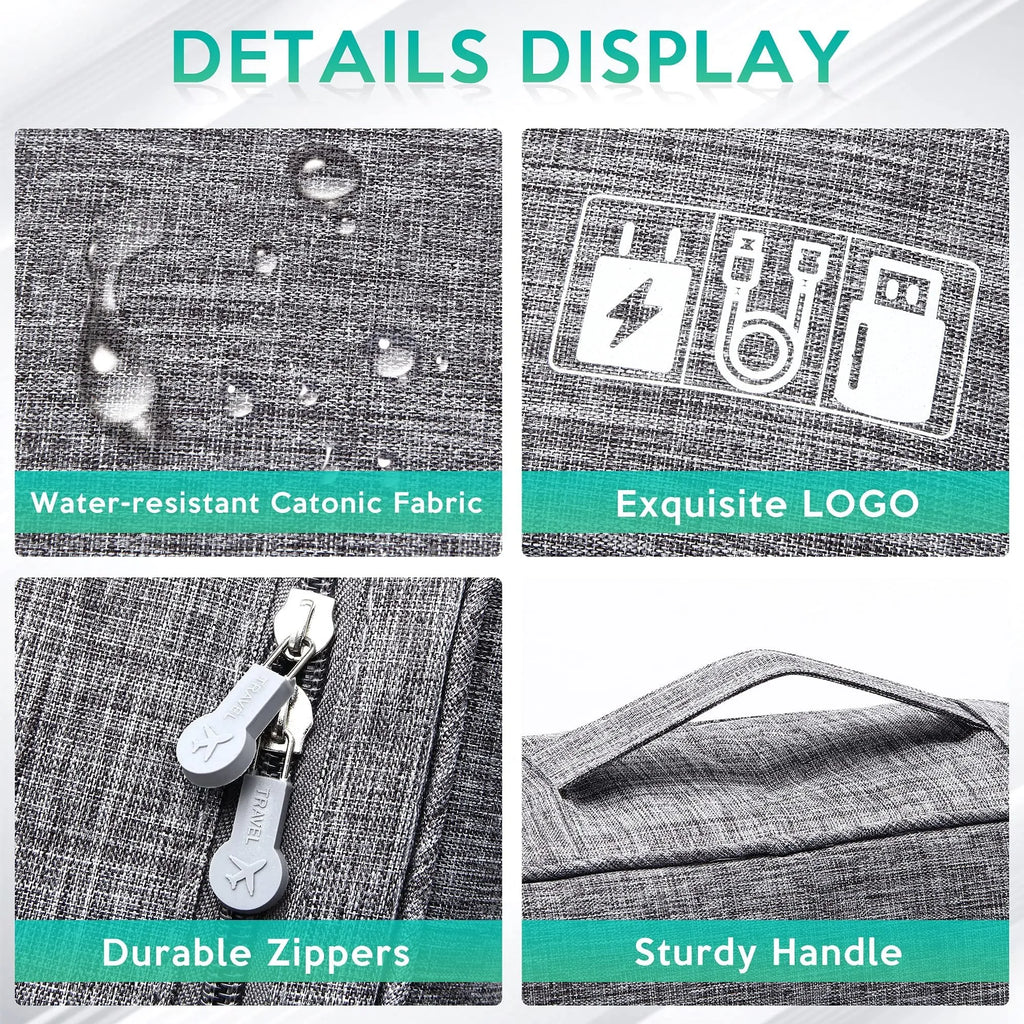 Black waterproof electronics organiser bag open, showing mesh pockets, elastic loops and removable dividers.