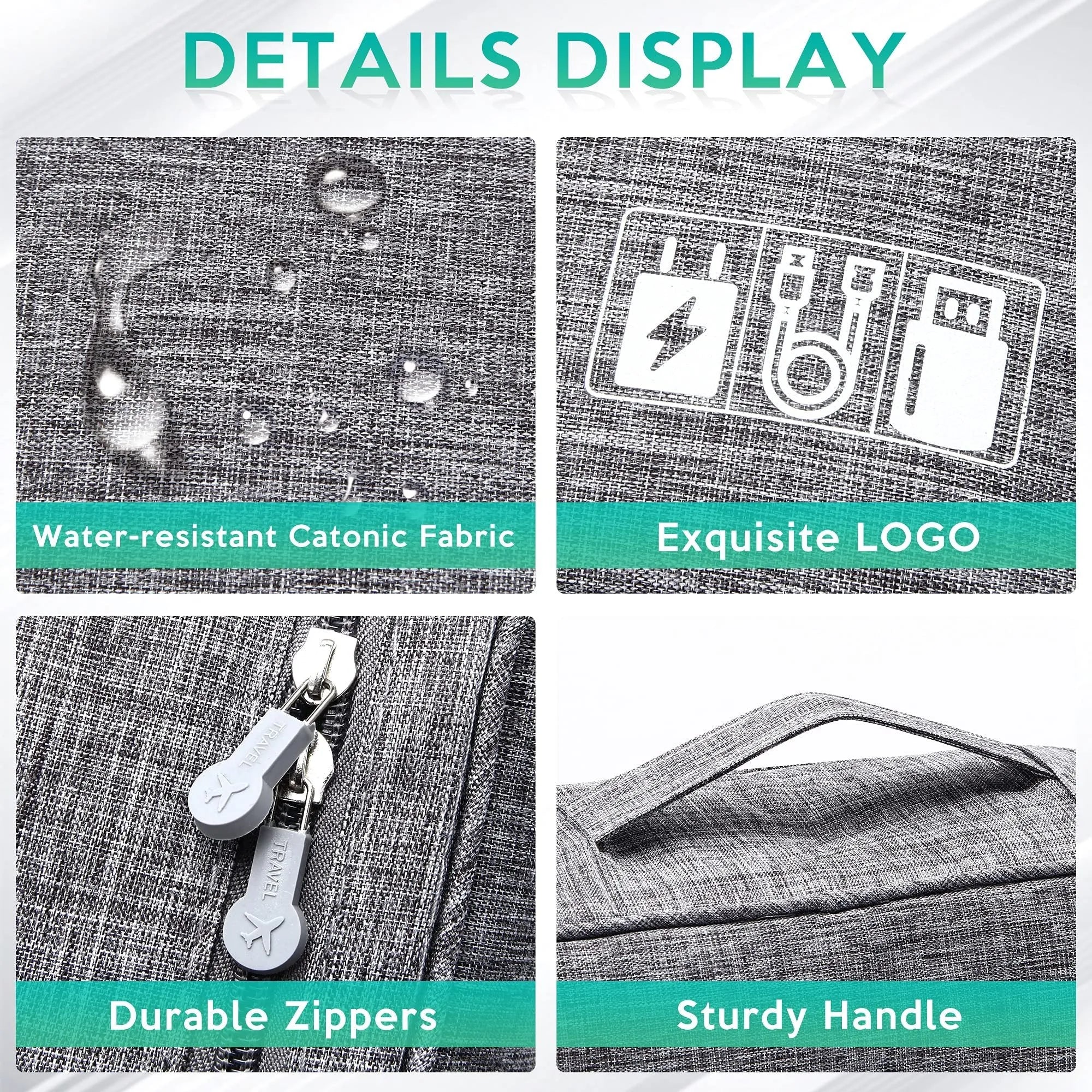 Black waterproof electronics organiser bag open, showing mesh pockets, elastic loops and removable dividers.