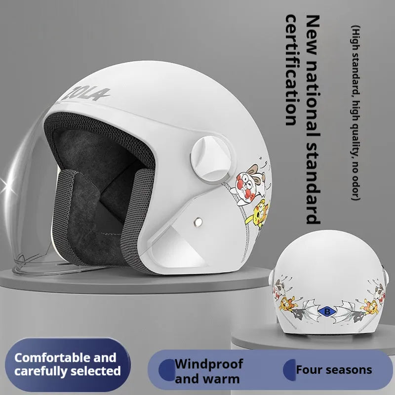 Adult electric bicycle helmet with attached winter scarf and anti-fog visor in blue colour