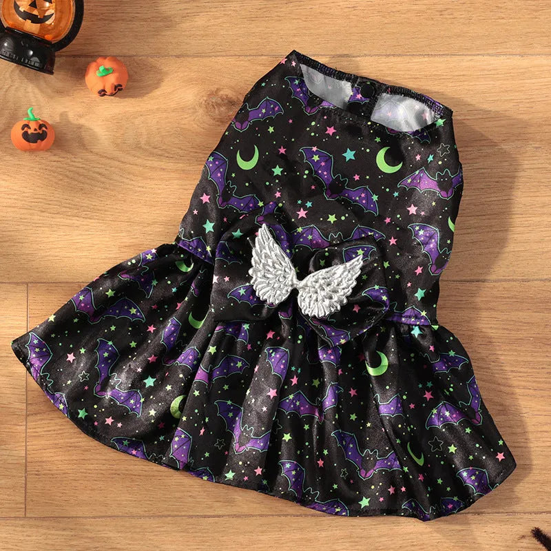 Angel wings Halloween dog costume in bright pumpkin or bat patterns available in four sizes