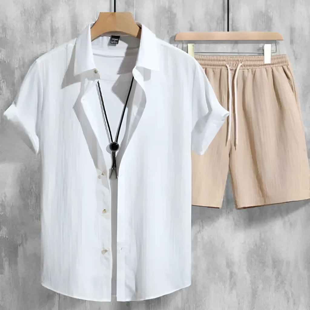 Men's 3D printed Hawaiian pattern short sleeve shirt and matching shorts set on a hanger.
